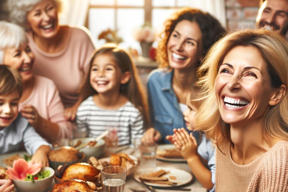 Moment de joie autour de la table familiale. L'ambiance est joyeuse et chaleureuse et chaque génération exprime un sourire radieux de bonheur.