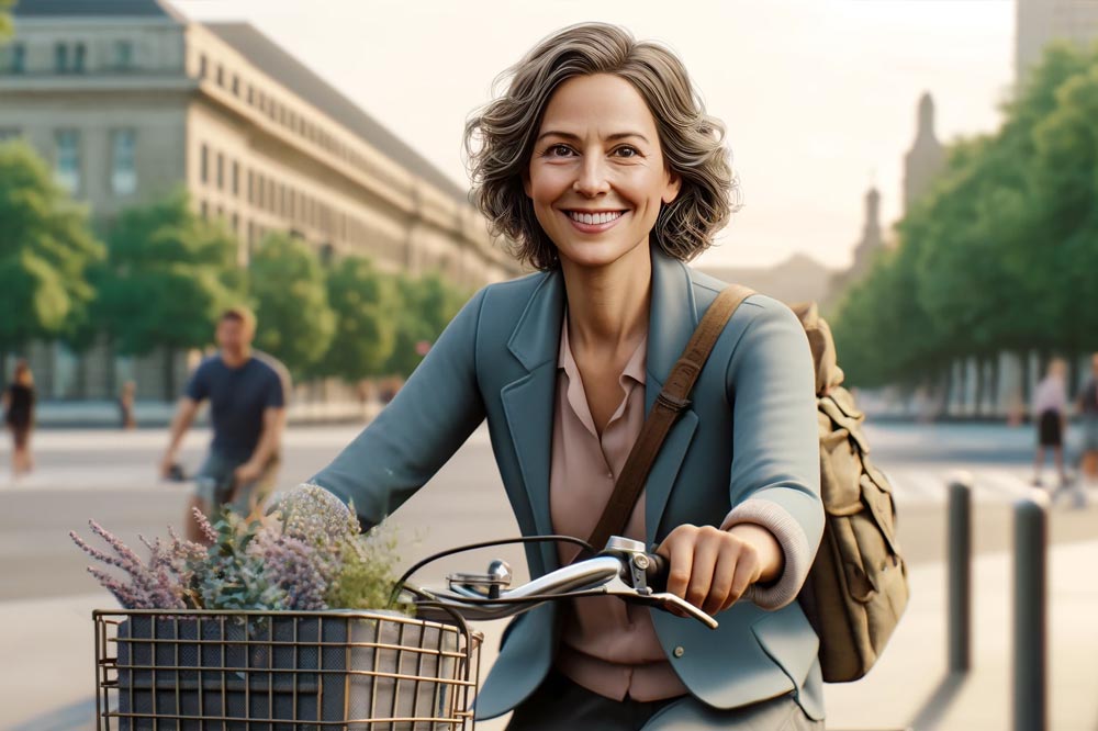 Une femme souriante, vêtue d'un blazer bleu, pédale sur son vélo en ville avec des plantes dans un panier accroché au guidon. Elle porte un sac à dos marron et roule dans un environnement urbain verdoyant et ensoleillé.