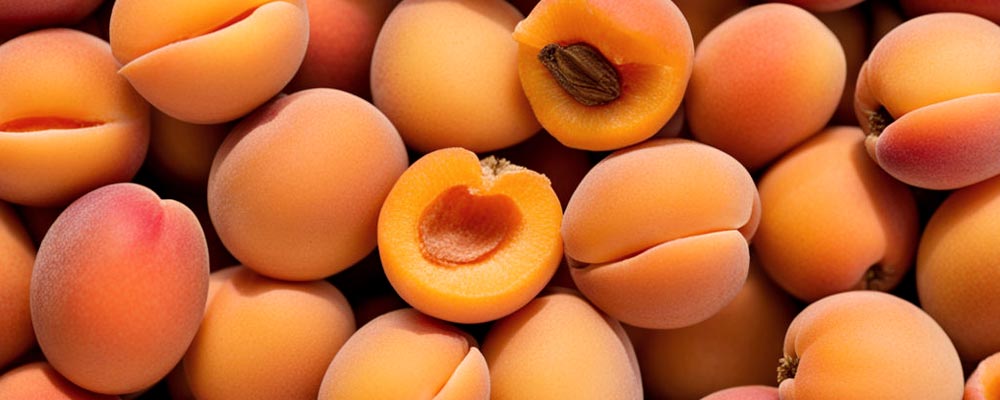 Gros plan sur des abricots, certains coupés en deux, révélant leurs noyaux. Leurs teintes orange doré et leur texture juteuse mettent en avant la douceur et la fraîcheur de ces fruits estivaux, parfaits pour des collations et des desserts. Un des fruits incontournables du mois de juillet.