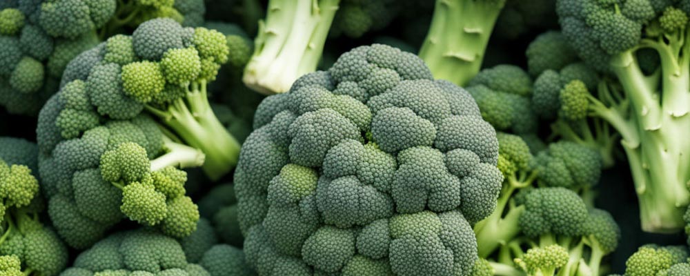 Gros plan sur des brocolis, leurs têtes vert foncé et compactes, parsemées de nuances plus claires. Les fleurettes denses contrastent avec les tiges robustes, mettant en valeur la fraîcheur et la richesse de ces légumes.