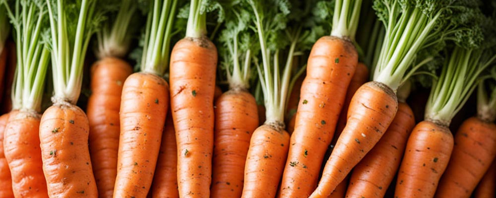 Gros plan sur des carottes primeurs, aux teintes vives allant du orange profond au jaune pâle. Leurs formes effilées et leurs fanes vertes apportent une touche de fraîcheur et de vitalité, illustrant parfaitement la diversité des légumes du mois de juillet.