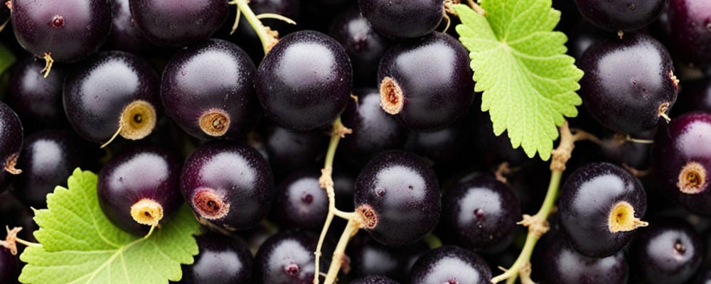 Gros plan sur des cassis, aux petites baies noires et brillantes. Leur apparence juteuse et leur couleur noire intense mettent en valeur la richesse et la fraîcheur de ces fruits, parfaits pour des confitures, desserts et boissons.