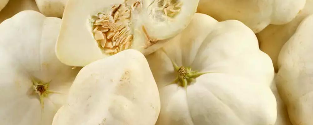 Gros plan sur des pâtissons blancs, aux formes aplaties et ondulées, avec une peau lisse et blanche. Leur apparence unique et leurs contours délicats mettent en valeur la diversité et la fraîcheur de ces légumes d'été, parfaits pour des préparations culinaires créatives et nutritives.