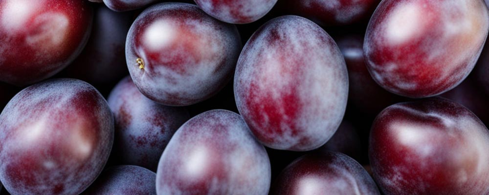 Gros plan sur des prunes d'un bleu noir profond avec leurs peaux lisses et brillantes. On imagine facilement leurs chairs judeuses et sucrées