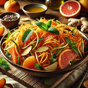 Gros plan sur une salade de carottes primeurs râpées aux agrumes et gingembre, servie dans une assiette en terre cuite. Une combinaison rafraîchissante et vitaminée.