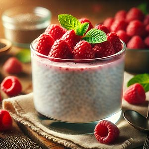 Gros plan sur un verre de Chia pudding aux framboises garni de framboise entière et de feuilles de menthe sur le dessus, présenté sur une nappe en toile de jute posée sur une table rustique en bois. Autour du pudding, des framboises fraîches, des graines de chia et des feuilles de menthe, illustrant un dessert sain et riche en protéines végétales, parfait pour profiter des fruits du mois de juillet.