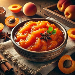 Assiette en terre cuite de chutney d'abricots, entourée de morceaux abricots et entiers, posée sur une nappe en toile de jute sur une table rustique en bois. Ce plat met en valeur les fruits du mois de juillet avec une recette savoureuse et épicée.