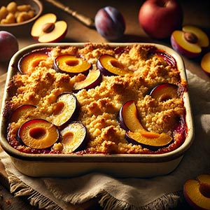 Gros plan sur un appétissant crumble aux prunes et aux pommes dans un plat en terre cuite et entouré de morceaux de prunes et de pommes ou entières