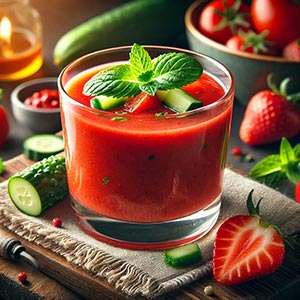 Gros plan sur un gand verre de gaspacho de fraises, garni de morceaux de concombre et de feuilles de menthe. Le verre est posé sur une nappe en toile de jute, entouré de fraises, tomates et concombres frais, illustrant les fruits et légumes du mois de juillet.