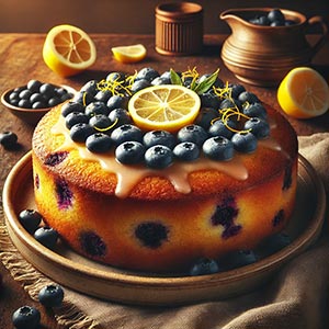 Gros plan sur un magnifique gâteau à la myrtille et au citron présenté sur une assiette en terre cuite, posée sur une nappe en toile de jute. Autour du gâteau, des myrtilles entières, des zestes de citron et quelques tranches de citron, illustrant les fruits du mois de juillet dans une préparation gourmande.