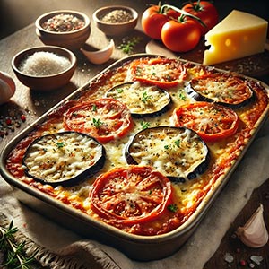 Gros plan sur un appétissant gratin d'aubergines et de tomates dans un grand plat en terre cuite, posé sur une nappe en toile de jute sur une table en bois rustique. Autour du plat, on aperçoit une grappe de tomates entières, une portion de fromage et divers récipients, illustrant une scène chaleureuse et conviviale.