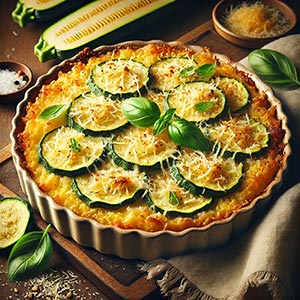 Gros plan sur un appétissant gratin de courgettes au parmesan, présenté dans un plat en terre cuite sur une nappe rustique. Sur la table, on aperçoit des courgettes fraîches, du parmesan et des feuilles de basilic frais, soulignant la fraîcheur des légumes du mois de juillet.