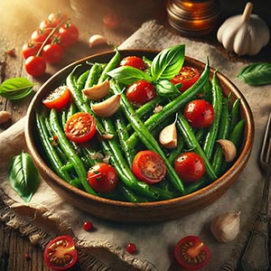 Gros plan sur des haricots verts sautés aux tomates cerises et au basilic, présentés dans un plat en terre cuite sur une nappe en toile de jute. Autour de l'assiette, des tomates cerises entières et des gousses d'ail, illustrant les légumes du mois de juillet dans une préparation savoureuse et parfumée. 