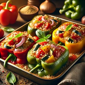 Gros plan sur des poivrons farcis au quinoa et aux légumes dans un plat en terre cuite posé sur une nappe en toile de jute et une table rustique avec autour du plat, des poivrons et des feuilles de basilic.