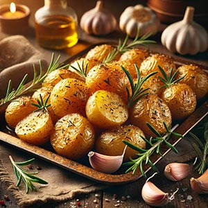 Gros plan sur des pommes de terre nouvelles rôties à l'ail et au romarin, présentées dans un plat en terre cuite sur une nappe en toile de jute. Sur une table rustique autour du plat, on peut apercevoir des gousses d'ail, des brins de romarin et une petite bouteille d'huile d'olive, valorisant cette recette savoureuse utilisant des légumes du mois de juillet.