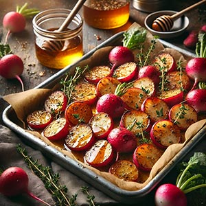 Gros plan sur de délicieux radis rôtis au miel et au thym, servis dans un plat rectangulaire sur une table en bois rustique. Des radis entiers, un pot de miel et des brins de thym, mettent en valeur ces légumes de saison de juillet.