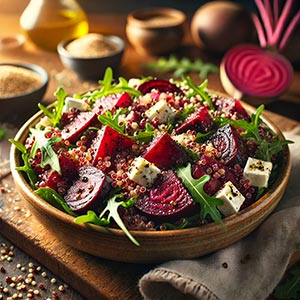 Gros plan sur une magnifique salade de betteraves rôties et de quinoa, garnie de roquette et de dés de feta, servie dans une assiette en terre cuite. Une savoureuse combinaison de légumes du mois de juillet et de grains nutritifs, idéale pour un repas équilibré et coloré.