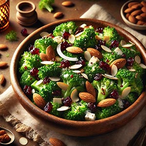 Gros plan sur une salade de brocoli croquante aux amandes et cranberries, présentée dans une assiette en terre cuite sur une nappe en toile de jute. Une combinaison délicieuse et nutritive de légumes du mois de juillet, parfaite pour un repas sain et coloré.