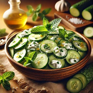 Salade de concombre à la menthe et au yaourt, présentée dans une assiette en terre cuite sur une jolie nappe en toile de jute. Une combinaison rafraîchissante et légère mettant en valeur les légumes du mois de juillet.