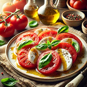 Gros plan sur une salade de tomates à la mozzarella et au basilic, servie dans une assiette en terre cuite sur une nappe en toile de jute. Sur la table et autour de l'assiette, ont été disposés des tomates fraîches, de petite bouteilles d'huile d'olive et des feuilles de basilic, illustrant la fraîcheur et les saveurs des légumes du mois de juillet.