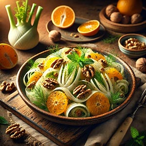 Assiette de salade de fenouil à l'orange et aux noix, sur une planche en bois rustique. Autour de la salade, des morceaux d'orange, des noix entières et du fenouil.