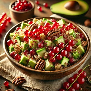 Gros plan sur une salade colorée de groseilles et quinoa, complétée par du concombre, avocat et des noix de pécan, présentée dans une assiette en terre cuite sur une table en bois. Autour, des ingrédients frais comme les groseilles et un avocat, mettant en avant les fruits et légumes du mois de juillet.