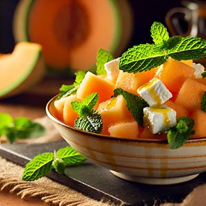 Gros plan sur une appétissante salade fraîche de melon, feta et menthe servie dans un bol en terre cuite sur une nappe rustique en jute. Autour de l'assiette, des ingrédients comme des morceaux de melon et des feuilles de menthe.