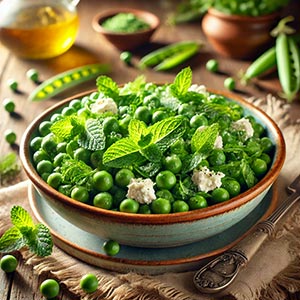 Gros plan sur une délicieuse salade de petits pois à la menthe et au fromage de chèvre, servie dans une assiette en terre cuite sur une table en bois rustique. Autour du plat, des petits pois et leurs cosses, des feuilles de menthe et une bouteille d'huile d'olive, mettant en valeur ces légumes frais de saison.