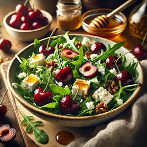 Gros plan sur une salade de cerises et fromage de chèvre présentée dans une assiette en terre cuite sur une planche en bois rustique. Autour du plat, on trouve des cerises entières, des noix, du miel et des feuilles de roquette, illustrant les fruits et légumes du mois de juillet.