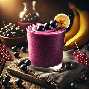 Gros plan sur un verre de smoothie cassis-banane, , entouré de bananes, de cassis entiers et de morceaux de fruits. Le tout est présenté sur une nappe en toile de jute posée sur une table rustique en bois, mettant en valeur les fruits du mois de juillet dans une recette rafraîchissante et nutritive.