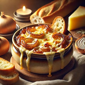 Gros plan sur un bol de soupe à l'oignon gratinée avec du fromage râpé et des morceaux de pain grillé, posé sur une nappe rustique en toile de jute. Autour du bol, des oignons, du fromage et des morceaux de pain, illustrant une recette traditionnelle.