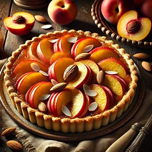 Gros plan sur une magnifique tarte aux nectarines et amandes sur une assiette en terre cuite, placée sur une nappe en toile de jute. Des nectarines fraîches et des amandes entières entourent la tarte.