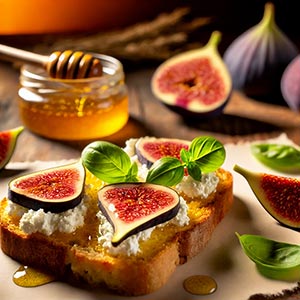 Tartine de figues et ricotta avec miel et basilic frais dans une assiette en terre cuite sur une nappe en toile de jute. Autour de la tartine, des figues entières et coupées, un pot de miel et des feuilles de basilic, illustrant les fruits du mois de juillet et la fraîcheur des ingrédients de saison.