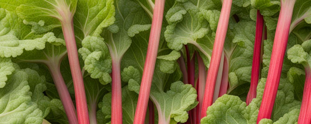 Gros plan sur des tiges d'un rouge vibrant et des feuilles vertes de rhubarbe.