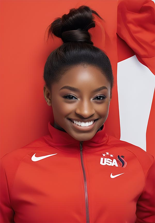 Simone Biles, en survêtement rouge de l'équipe américaine, affiche un grand sourire lors des Championnats nationaux de gymnastique des États-Unis en 2024. Cette photo capture le moment de son retour attendu après les Jeux Olympiques de Tokyo 2020. Sa présence à la compétition ravive l'espoir de voir la légende du sport briller à nouveau, malgré les défis passés.
