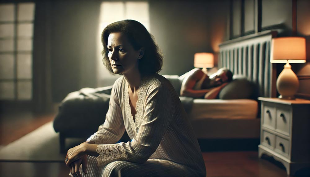 Femme de 50 ans, en chemise de nuit, assise tristement au bord d'un lit dans une chambre tamisée, son mari dormant en arrière-plan, symbolisant la réflexion sur la baisse de libido