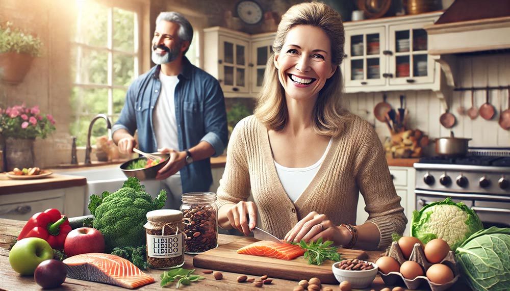 Femme de 50 ans souriante dans sa cuisine préparant un repas pour booster sa libido, son mari en arrière-plan se réjouit de la soirée qu'ils vont passer.