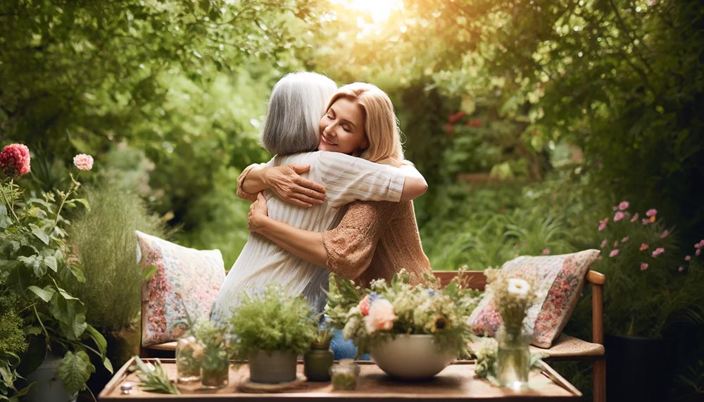 Image de deux femmes l'une d'environ quarante ans et lautre de soixante ans s'enlaçant chaleureusement dans un jardin. Cette scène met en lumière les nombreux bénéfices apportés par les câlins pour le bien-être émotionnel et physique. Ils renforcent notamment les liens sociaux et favorisent une meilleure santé mentale.