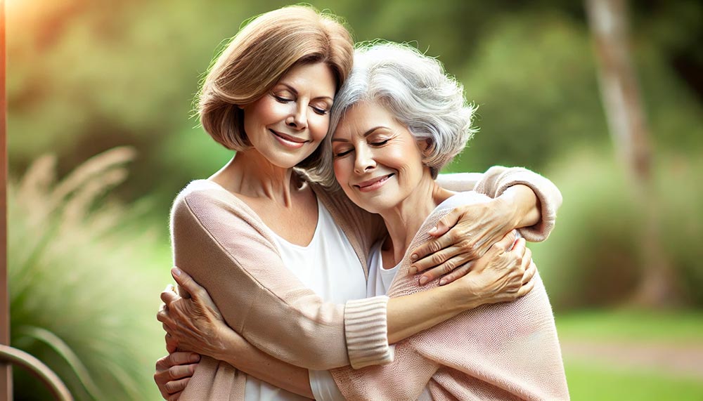 Deux femmes, une mère d'environ 60 à 70 ans et sa fille d'environ 40 à 50 ans, s'enlaçant tendrement dans un jardin.