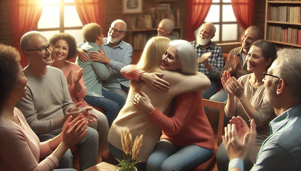 Un groupe diversifié d'hommes et de femmes, âgés de 45 à 64 ans, dans une salle associative, échangent et certains se partagent des câlins. 