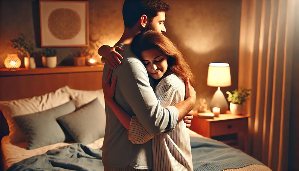 Un couple d'une cinquantaine d'année debout devant leur lit dans leur chambre à coucher. Il partage un câlin réconfortant avant le coucher.