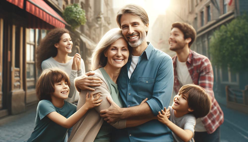 Une femme de 45 ans enlace son mari dans la rue, entourée de leurs enfants, illustrant les bienfaits des câlins sur la réduction du stress et de l’anxiété. Cette scène chaleureuse montre comment les câlins renforcent les liens familiaux et améliorent le bien-être émotionnel.