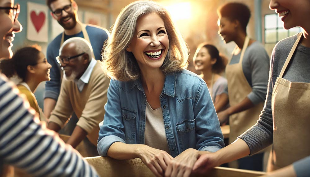 Femme de 50 ans participant à une activité bénévole , entourée d’un groupe diversifié, symbolisant la motivation, le partage et la satisfaction de faire du bénévolat.