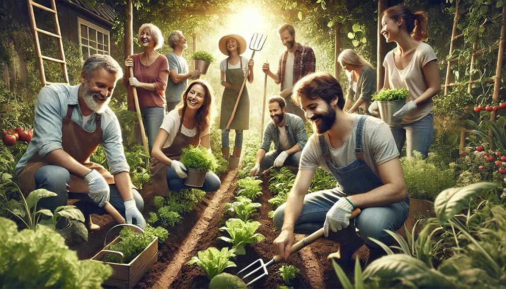 Groupe de personnes de 30 à 55 ans travaillant ensemble dans un jardin potager, plantant et arrosant les plantes, symbolisant la connexion et la coopération dans la nature.