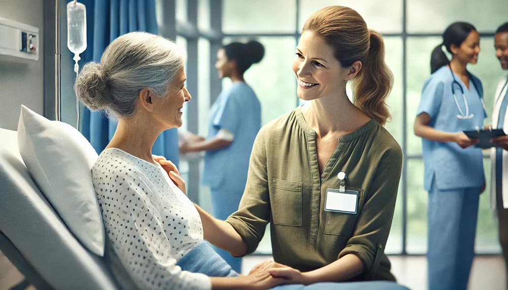 Une femme de 55 ans bénévoles dans un hôpital, échange chaleureusement avec une patiente, illustrant le sens et l’accomplissement du bénévolat.