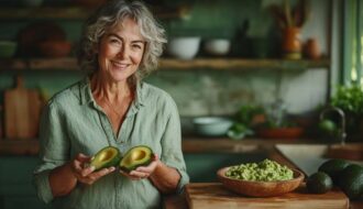 Femme de 55 ou 60 ans avec de beau cheveux longs et gris et un grand sourire dans sa cuisine, transformant des avocats trop mûrs en délices culinaires, un geste anti-gaspi et écoresponsable.