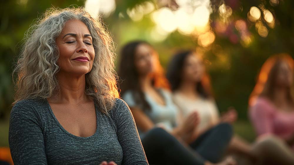 Femme mature, les yeux fermés, en groupe dans un cadre naturel apaisant, symbolisant la sérénité et l’équilibre après 45 ans.