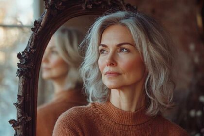 Femme élégante regardant son reflet dans un miroir ancien, réfléchissant et affrontant sa peur de vieillir,