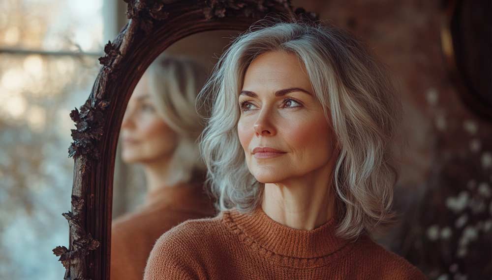 Femme élégante regardant son reflet dans un miroir ancien, réfléchissant et affrontant sa peur de vieillir,