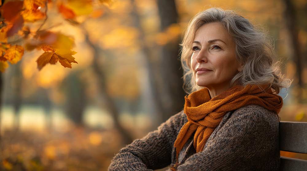 Une femme blonde au cheveux long agée de 55 ou 60 ans, assise sur un banc en pleine nature, réfléchissant sereinement sur les origines et les solutions face à sa peur de vieillir.